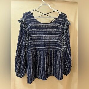 ⚫️ BOGO Blue Rain Navy Striped Women's Top with Fringe Details Size Small